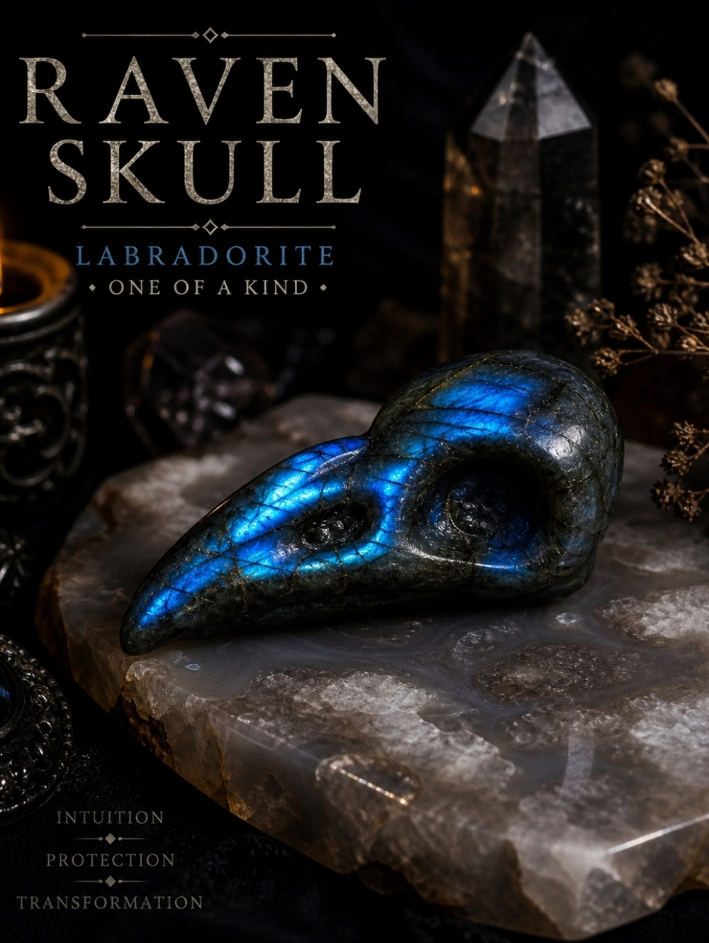 🔥 Labradorite Raven Skull Carving 1.5” – Flash Blue Crystal Skull– Gothic Decor